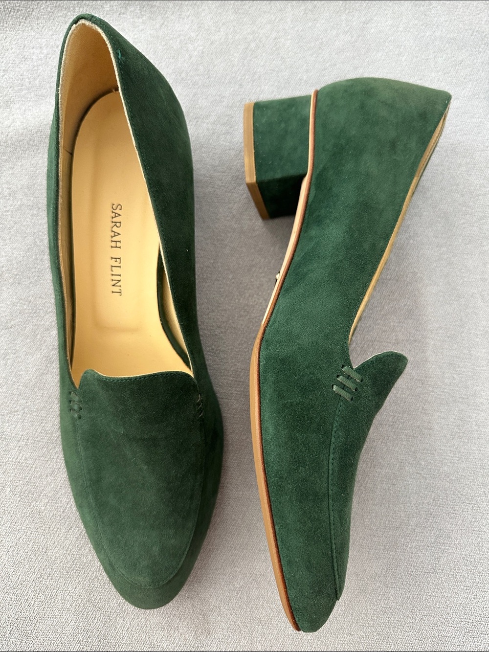 Sarah Flint Forest Green Suede Low Block Heel Loafers - Sz 39.5 NEW